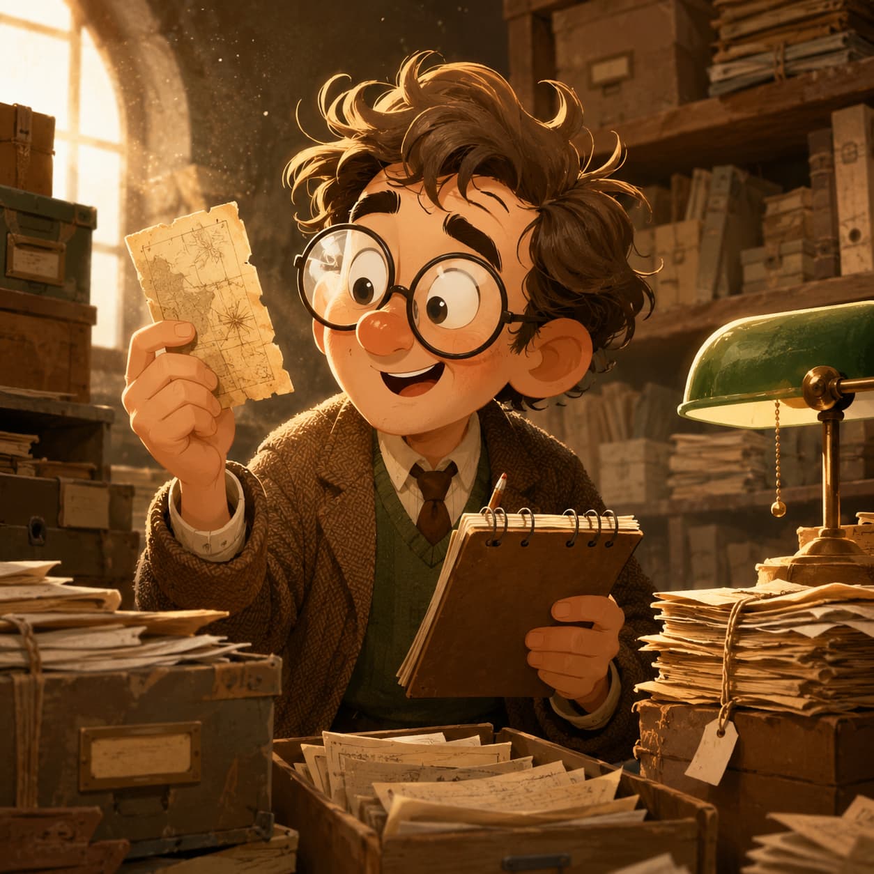 Cartoon historian holding a map fragment and a spiral notebook in a sunlit archive.